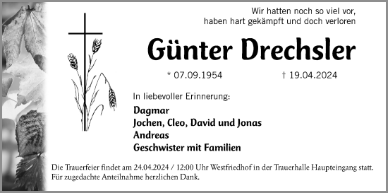 Traueranzeige von Günter Drechsler von Gesamtausgabe Nürnberger Nachrichten/ Nürnberger Ztg.