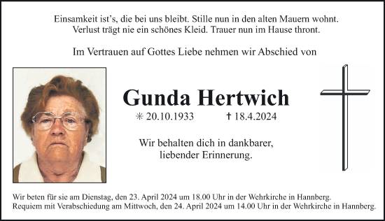 Traueranzeige von Gunda Hertwich von Erlanger Nachrichten Lokal