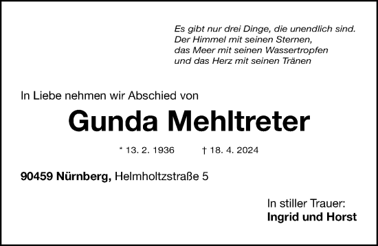 Traueranzeige von Gunda Mehltreter von Gesamtausgabe Nürnberger Nachrichten/ Nürnberger Ztg.