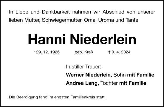 Traueranzeige von Hanni Niederlein von Gesamtausgabe Nürnberger Nachrichten/ Nürnberger Ztg.