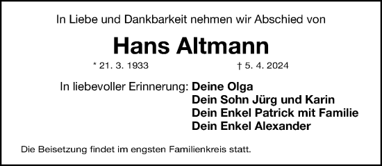 Traueranzeige von Hans Altmann von Gesamtausgabe Nürnberger Nachrichten/ Nürnberger Ztg.