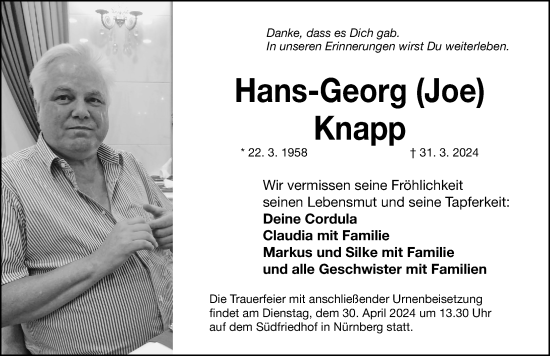 Traueranzeige von Hans-Georg Knapp von Gesamtausgabe Nürnberger Nachrichten/ Nürnberger Ztg.
