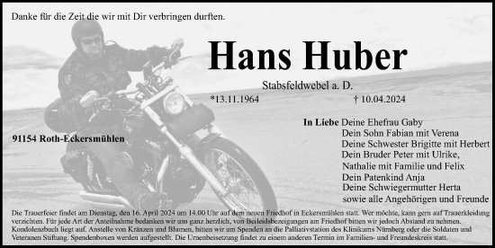 Traueranzeige von Hans Huber von Roth-Hilpoltsteiner Volkszeitung Lokal