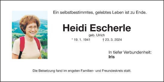 Traueranzeige von Heidi Escherle von Gesamtausgabe Nürnberger Nachrichten/ Nürnberger Ztg.