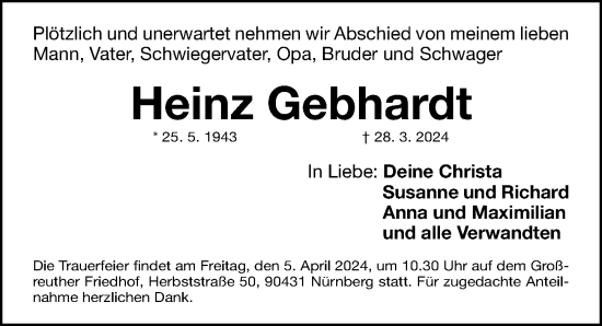 Traueranzeige von Heinz Gebhardt von Gesamtausgabe Nürnberger Nachrichten/ Nürnberger Ztg.
