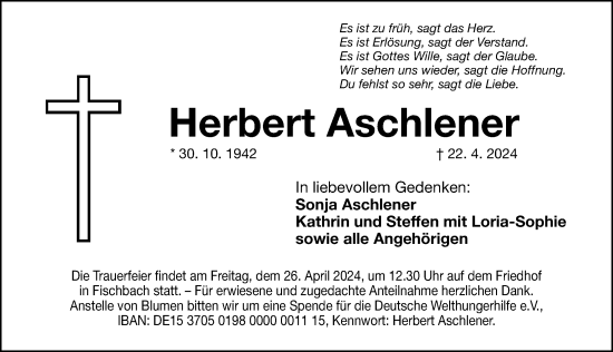 Traueranzeige von Herbert Aschlener von Gesamtausgabe Nürnberger Nachrichten/ Nürnberger Ztg.