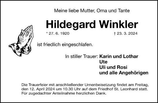 Traueranzeige von Hildegard Winkler von Gesamtausgabe Nürnberger Nachrichten/ Nürnberger Ztg.
