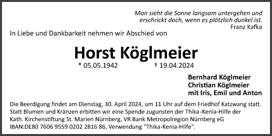 Traueranzeige von Horst Köglmeier von Gesamtausgabe Nürnberger Nachrichten/ Nürnberger Ztg.
