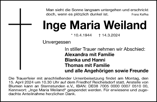 Traueranzeige von Inge Maria Weiland von Gesamtausgabe Nürnberger Nachrichten/ Nürnberger Ztg.