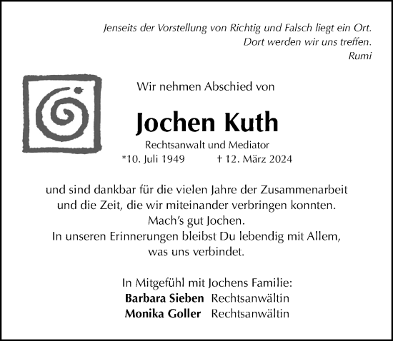 Traueranzeige von Jochen Kuth von Gesamtausgabe Nürnberger Nachrichten/ Nürnberger Ztg.
