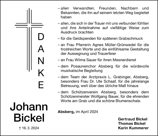 Traueranzeige von Johann Bickel von Altmühl-Bote Lokal