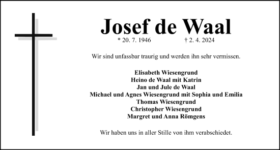Traueranzeige von Josef de Waal von Gesamtausgabe Nürnberger Nachrichten/ Nürnberger Ztg.
