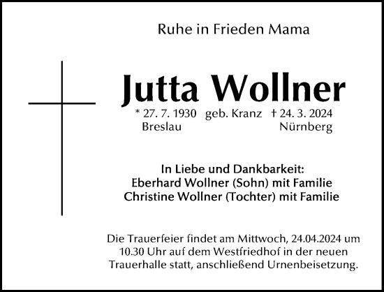Traueranzeige von Jutta Wollner von Gesamtausgabe Nürnberger Nachrichten/ Nürnberger Ztg.