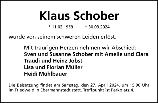 Traueranzeige von Klaus Schober von Gesamtausgabe Nürnberger Nachrichten/ Nürnberger Ztg.