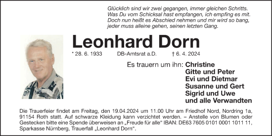 Traueranzeige von Leonhard Dorn von Gesamtausgabe Nürnberger Nachrichten/ Nürnberger Ztg./ Roth-Hilpoltsteiner Volkszeitung
