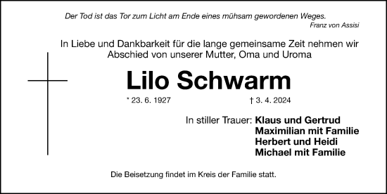 Traueranzeige von Lilo Schwarm von Gesamtausgabe Nürnberger Nachrichten/ Nürnberger Ztg.