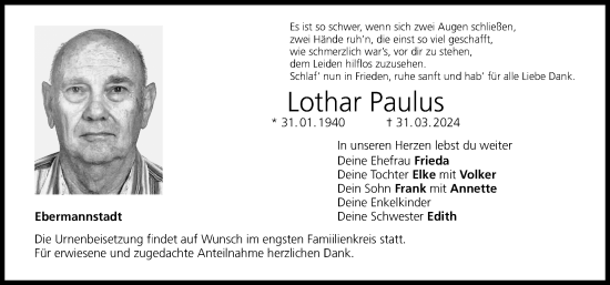 Traueranzeige von Lothar Paulus von Nordbayerische Nachrichten Forchheim Lokal