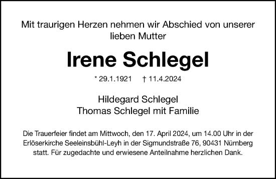 Traueranzeige von Irene Schlegel von Gesamtausgabe Nürnberger Nachrichten/ Nürnberger Ztg.