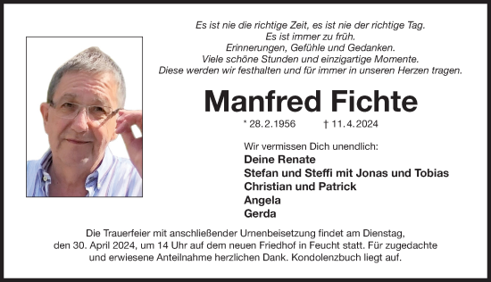 Traueranzeige von Manfred Fichte von Gesamtausgabe Nürnberger Nachrichten/ Nürnberger Ztg.
