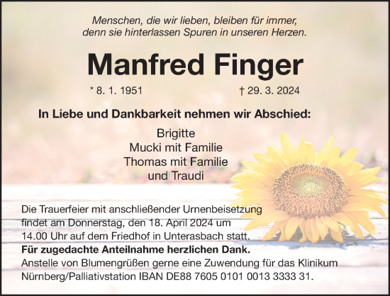Traueranzeige von Manfred Finger von Gesamtausgabe Nürnberger Nachrichten/ Nürnberger Ztg.