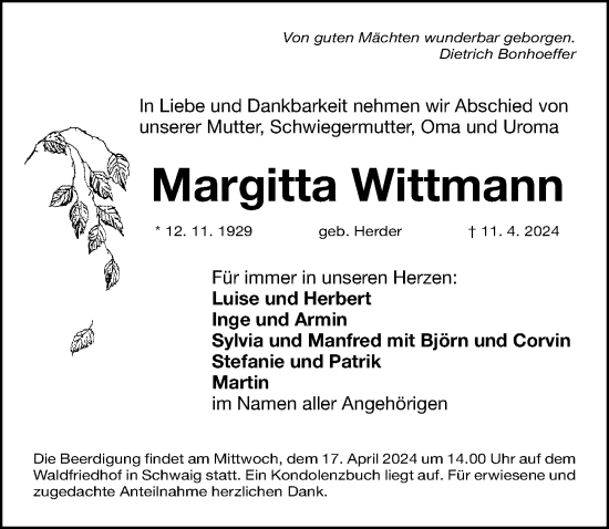 Traueranzeige von Margitta Wittmann von Gesamtausgabe Nürnberger Nachrichten/ Nürnberger Ztg.