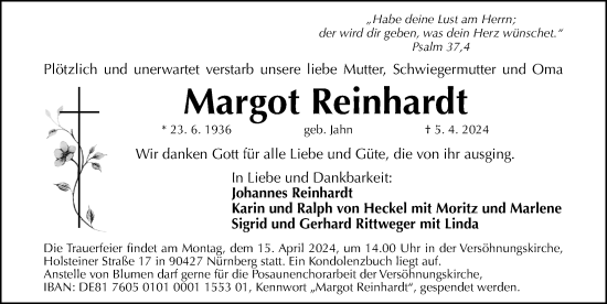 Traueranzeige von Margot Reinhardt von Gesamtausgabe Nürnberger Nachrichten/ Nürnberger Ztg.
