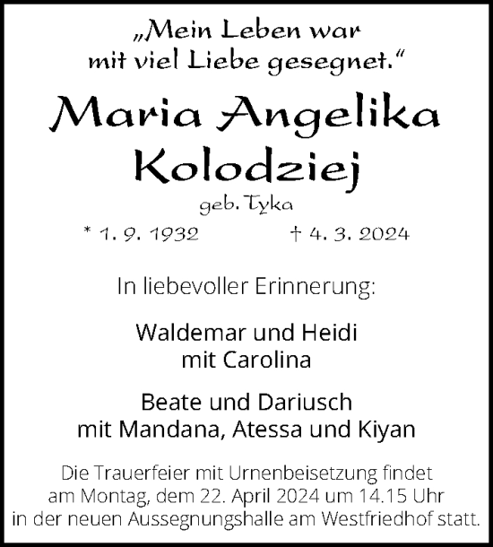 Traueranzeige von Maria Angelika Kolodziej von Gesamtausgabe Nürnberger Nachrichten/ Nürnberger Ztg.