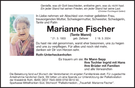 Traueranzeige von Marianne Fischer von Roth-Hilpoltsteiner Volkszeitung Lokal
