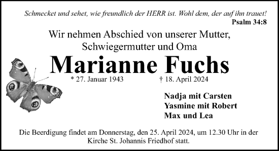 Traueranzeige von Marianne Fuchs von Gesamtausgabe Nürnberger Nachrichten/ Nürnberger Ztg.