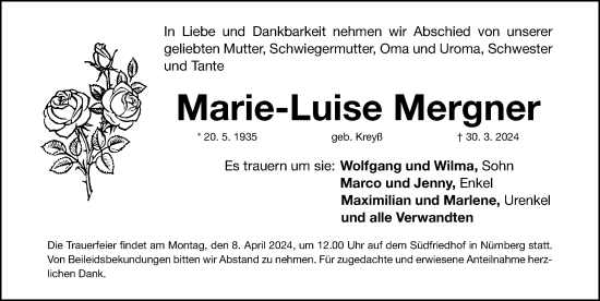 Traueranzeige von Marie-Luise Mergner von Gesamtausgabe Nürnberger Nachrichten/ Nürnberger Ztg.