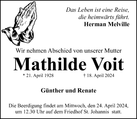 Traueranzeige von Mathilde Voit von Gesamtausgabe Nürnberger Nachrichten/ Nürnberger Ztg.