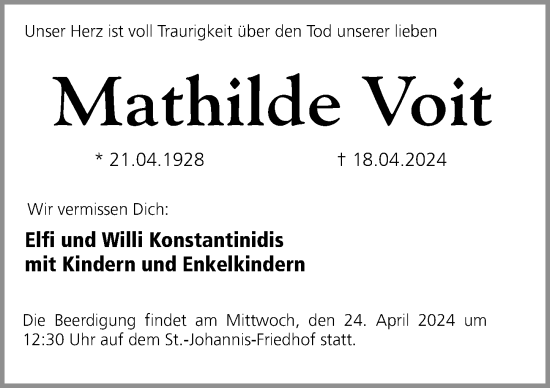 Traueranzeige von Mathilde Voit von Gesamtausgabe Nürnberger Nachrichten/ Nürnberger Ztg.