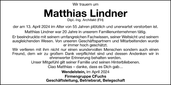 Traueranzeige von Matthias Lindner von Gesamtausgabe Nürnberger Nachrichten/ Nürnberger Ztg.