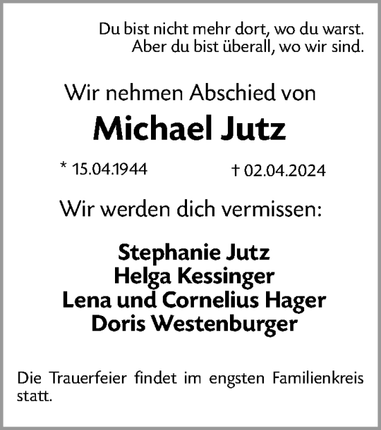 Traueranzeige von Michael Jutz von Gesamtausgabe Nürnberger Nachrichten/ Nürnberger Ztg.