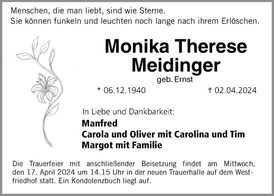 Traueranzeige von Monika Therese Meidinger von Gesamtausgabe Nürnberger Nachrichten/ Nürnberger Ztg.