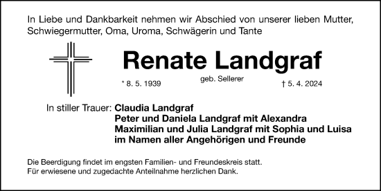 Traueranzeige von Renate Landgraf von Gesamtausgabe Nürnberger Nachrichten/ Nürnberger Ztg.