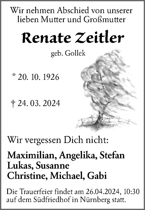 Traueranzeige von Renate Zeitler von Gesamtausgabe Nürnberger Nachrichten/ Nürnberger Ztg.