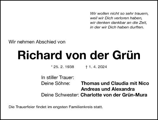 Traueranzeige von Richard von der Grün von Gesamtausgabe Nürnberger Nachrichten/ Nürnberger Ztg.