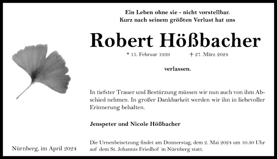 Traueranzeige von Robert Hößbacher von Gesamtausgabe Nürnberger Nachrichten/ Nürnberger Ztg.