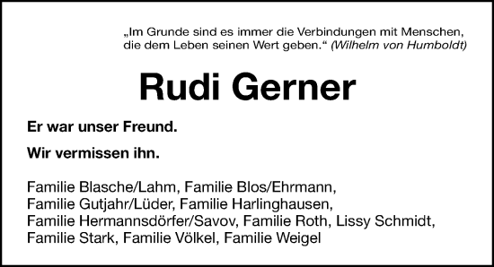 Traueranzeige von Rudolf Gerner von Gesamtausgabe Nürnberger Nachrichten/ Nürnberger Ztg.