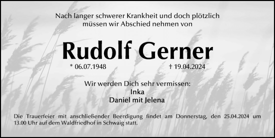 Traueranzeige von Rudolf Gerner von Gesamtausgabe Nürnberger Nachrichten/ Nürnberger Ztg.