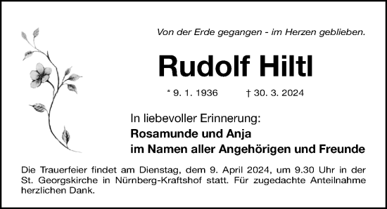 Traueranzeige von Rudolf Hiltl von Gesamtausgabe Nürnberger Nachrichten/ Nürnberger Ztg.