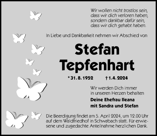 Traueranzeige von Stefan Tepfenhart von Schwabacher Tagblatt Lokal