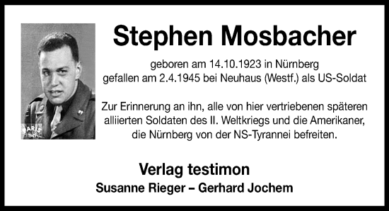 Traueranzeige von Stephen Mosbacher von Gesamtausgabe Nürnberger Nachrichten/ Nürnberger Ztg.