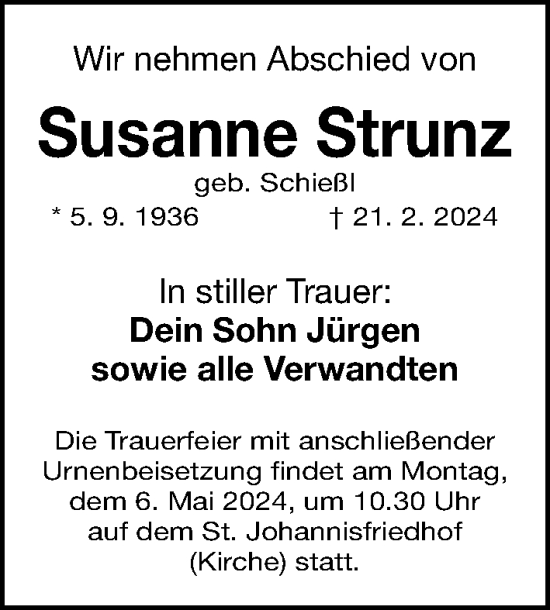 Traueranzeige von Susanne Strunz von Gesamtausgabe Nürnberger Nachrichten/ Nürnberger Ztg.