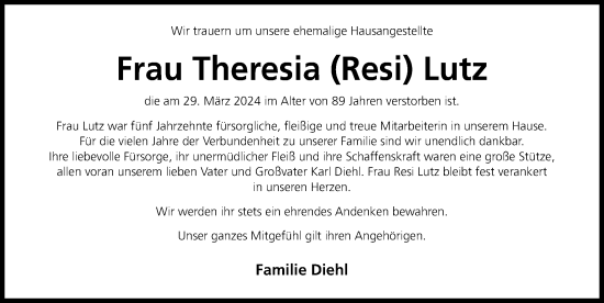 Traueranzeige von Theresia Lutz von Gesamtausgabe Nürnberger Nachrichten/ Nürnberger Ztg.