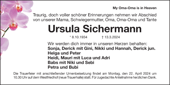 Traueranzeige von Ursula Sichermann von Gesamtausgabe Nürnberger Nachrichten/ Nürnberger Ztg.
