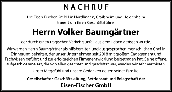 Traueranzeige von Volker Baumgärtner von Gesamtausgabe Nürnberger Nachrichten/ Nürnberger Ztg.