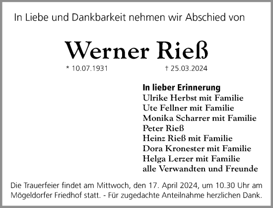 Traueranzeige von Werner Rieß von Gesamtausgabe Nürnberger Nachrichten/ Nürnberger Ztg.