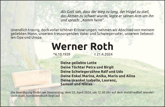 Traueranzeige von Werner Roth von Schwabacher Tagblatt Lokal